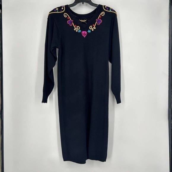 Vintage 80s Plain Jane Black Sweater Dress Embellished Sequins Midi Length M - Picture 8 of 12